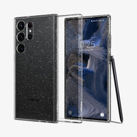 ACS05612 - Galaxy S23 Ultra Case Liquid Crystal Glitter in crystal quartz showing the back, inside and front with s pen leaning against device